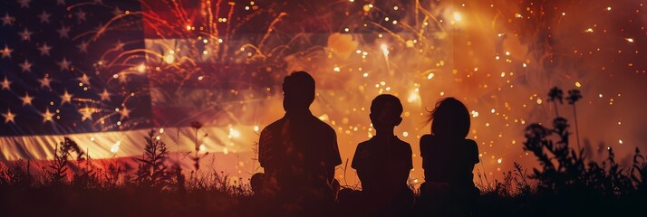 Poster - Family silhouette watching fireworks at dusk - Captivating silhouette of a family watching a spectacular fireworks display during dusk, embodying joy and celebration