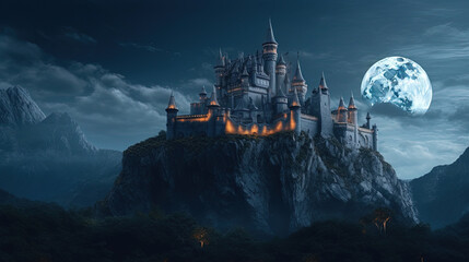 Gothic-style castle above a piece of mountain with the moon background 