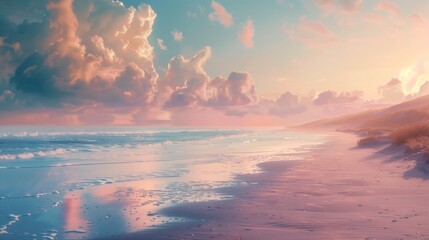 Wall Mural - A quiet beach at dusk with the sky painted in pastel colors, evoking tranquility.