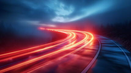 Poster - Abstract Red Light Trail on Blue Background Representing Speed, Technology, and Futuristic Design Elements