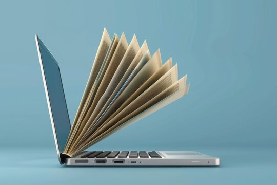 3D rendering of open book pages coming out from laptop computer on blue background