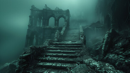 Wall Mural - Haunting Ancient Stone Staircase in Fog