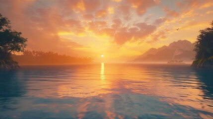 Wall Mural - A serene sunrise over a tranquil bay.