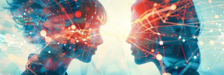 Connection concept with two profiles and digital links - Two human profiles facing each other with a digital connection between them, symbolizing interaction or relationship