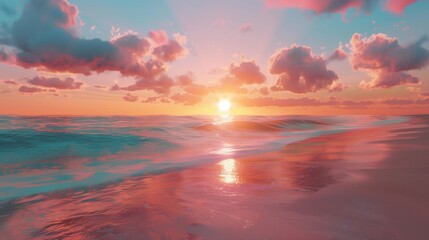 A tranquil beach with a colorful sunset.