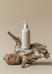 Canvas Print - Pump bottle packaging mockup wood driftwood person.