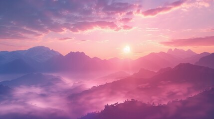 Wall Mural - A tranquil sunrise over a misty mountain range.