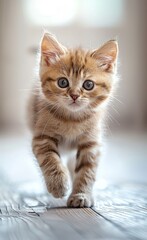 Wall Mural - A kitten is walking on a wooden floor