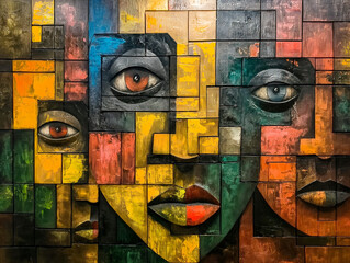 Wall Mural - A colorful painting of three faces with different colors and shapes. The painting is abstract and has a unique style