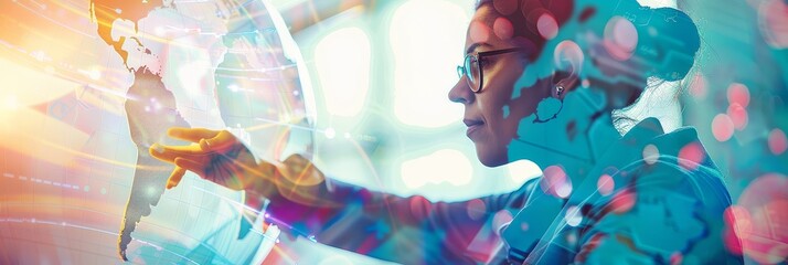 Poster - Innovative Businesswoman Interacting with Futuristic Digital Interface, Global Network, Technology, Data Analysis, and Virtual Reality Concept