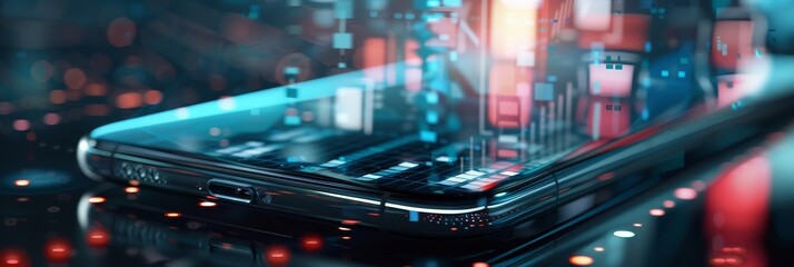 Poster - Close-up of a Modern Smartphone with Futuristic Digital Interface and Neon Lights, Representing Advanced Technology and Connectivity in a High-Tech Environment