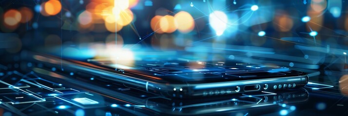 Poster - Futuristic Smartphone on Digital Interface with Bokeh Lights, High-Tech Concept, Modern Technology, Innovation, Connectivity, Cybersecurity, Digital Transformation, Abstract Background