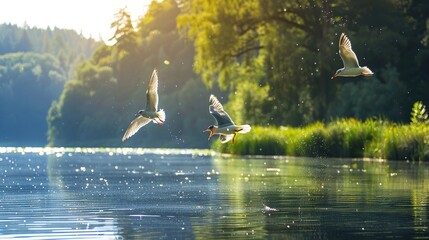 Poster - Cute Water Birds are Enjoying Sunny Day over the Lake. Generative Ai