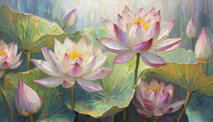 Wall Mural - Digital botanical painting close up of a bunch of lotus flowers, oil painting floral bouquet