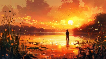 Wall Mural - Stunning sunset over a lake with a silhouette of a fisherman. The sky and water create a colorful reflection, making for a beautiful and serene summer evening landscape.