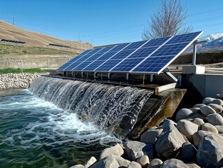 Wall Mural - A large solar panel is installed above a waterfall. The water is flowing from the top of the waterfall and into a pool below. The solar panel is providing energy to the waterfall