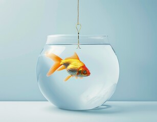 Wall Mural - Goldfish in fish bowl with hook, symbolizing captivity and freedom, concept of living in a travel business world