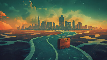 Wall Mural - A conceptual image illustrating a professionals journey through the corporate landscape, featuring a briefcase, a winding road leading to a city skyline, and symbolic obstacles and milestones.