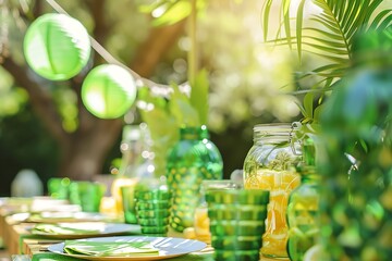 A close-up of a tropical themed party table setting with green glassware, lanterns, and foliage.