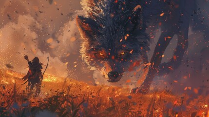 Hunter with a bow facing a giant wolf in the fire meadow., digital art style, illustration painting 