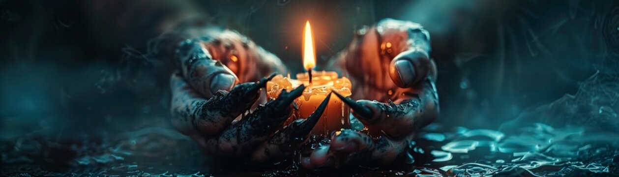 Dark and eerie hands clutching a candle, long black claws, melting wax, Horror theme, Realistic, Soft lighting 8K , high-resolution, ultra HD,up32K HD