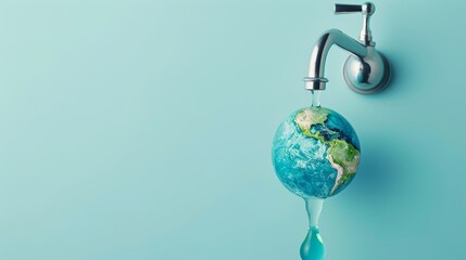 A vibrant banner showing a faucet dripping into a tiny Earth, illustrating water conservation needs.