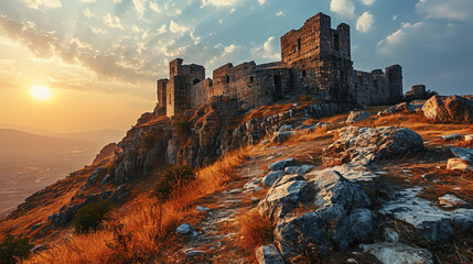 beautiful fortresses on the mountain during sunset