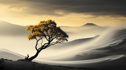 Wall Mural - sunset in the gloomy mountains with tree