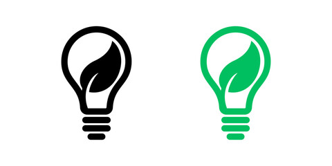 lightbulb and leaf icons for green energy and eco environment, vector symbols. leaf and light bulb l