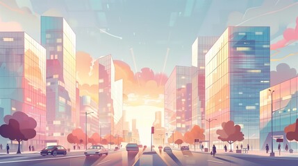 Poster - Modern city street with skyscrapers and busy traffic. Ideal for urban and travel themes, capturing the dynamic and bustling life of a city.