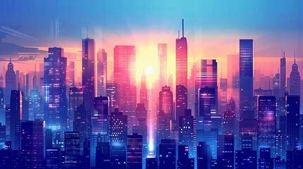 Wall Mural - Modern city skyline at night with neon lights. Perfect for urban and futuristic themes, showcasing the vibrant and dynamic life of a metropolis.