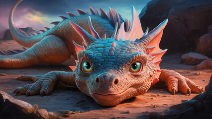 A mesmerizing 3D render illustration of a captivating baby dragon.