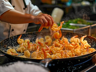 Wall Mural - A chef is cooking shrimp in a pan. The shrimp are in various stages of cooking, with some still raw and others already cooked. The chef is sprinkling some seasoning on the shrimp