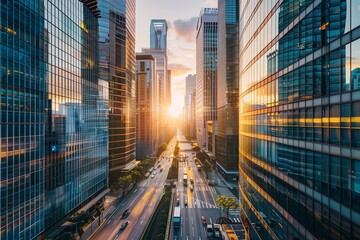 Modern city skyline at sunset with busy streets and illuminated skyscrapers, ideal for urban and travel themes, capturing the vibrant and dynamic life of a metropolis.