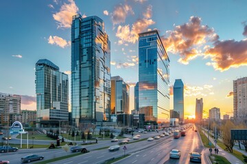 Poster - Modern city skyline at sunset with busy streets and illuminated skyscrapers, ideal for urban and travel themes, capturing the vibrant and dynamic life of a metropolis.