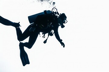 One Caucasian scuba diver diving man in studio silhouette isolated on white background
