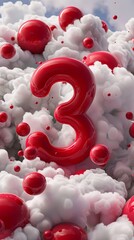 Aufkleber - 3D red number three on a background of red balls and clouds.
