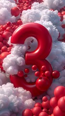 Aufkleber - 3D red number three on a background of red balls and clouds.