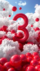Aufkleber - 3D red number three on a background of red balls and clouds.