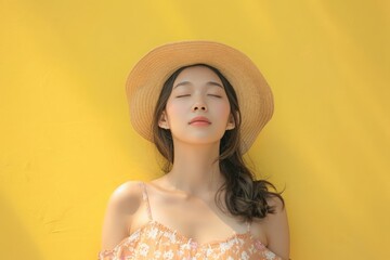 Wall Mural - Young Asian woman Wearing a dress with a sun hat travel concept isolated on yellow background