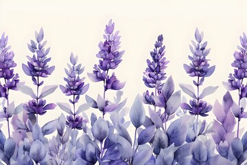 Wall Mural - Elegant Watercolor Lavender Plant Clipart With Delicate Purple Blossoms and Leafy Green Stems, Detailed Botanical in Vintage-Inspired Aesthetic