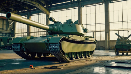 Close-up of military equipment of an armored combat tank in a warehouse