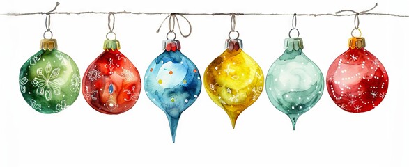 Wall Mural - Watercolor art of various Christmas ornaments. Concept of festive decorations, holiday spirit, artistic design. Isolated on white background