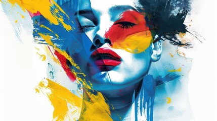 abstract modern female portrait in white blue red and yellow decorative poster art