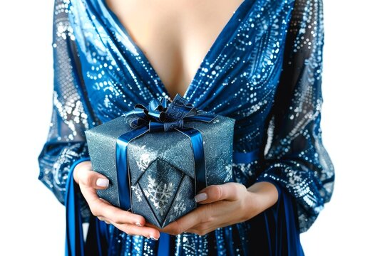 Woman in blue dress holding a sparkling gift box. Concept of celebration, elegance, luxury, gift-giving. Isolated on white background