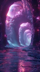 Poster - Mesmerizing Extraterrestrial Landscape with Glowing Futuristic Structures and Chromatic Lighting Effects