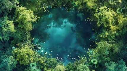 Poster - aerial view of enchanted pond in fairy tale forest magical nature landscape illustration