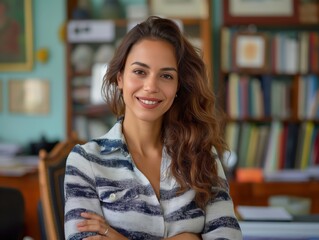 Canvas Print - A Copywriter female wearing professional attire, standing in front of a desk with writing materials, smiling and looking into the camera