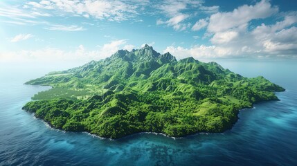 Sticker - aerial view of volcanic island with lush green landscape minimal background 3d rendering