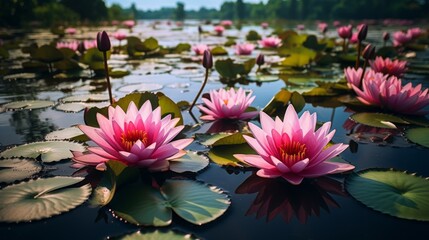 Serene Beauty Unveiled. Vibrant Water Lilies Creating A Captivating Pond Vista. Generative AI